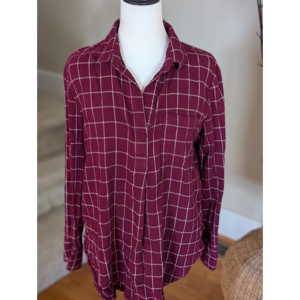 90s Grunge Burgundy Windowpane Plaid Popover Tunic Shirt Grid Check M